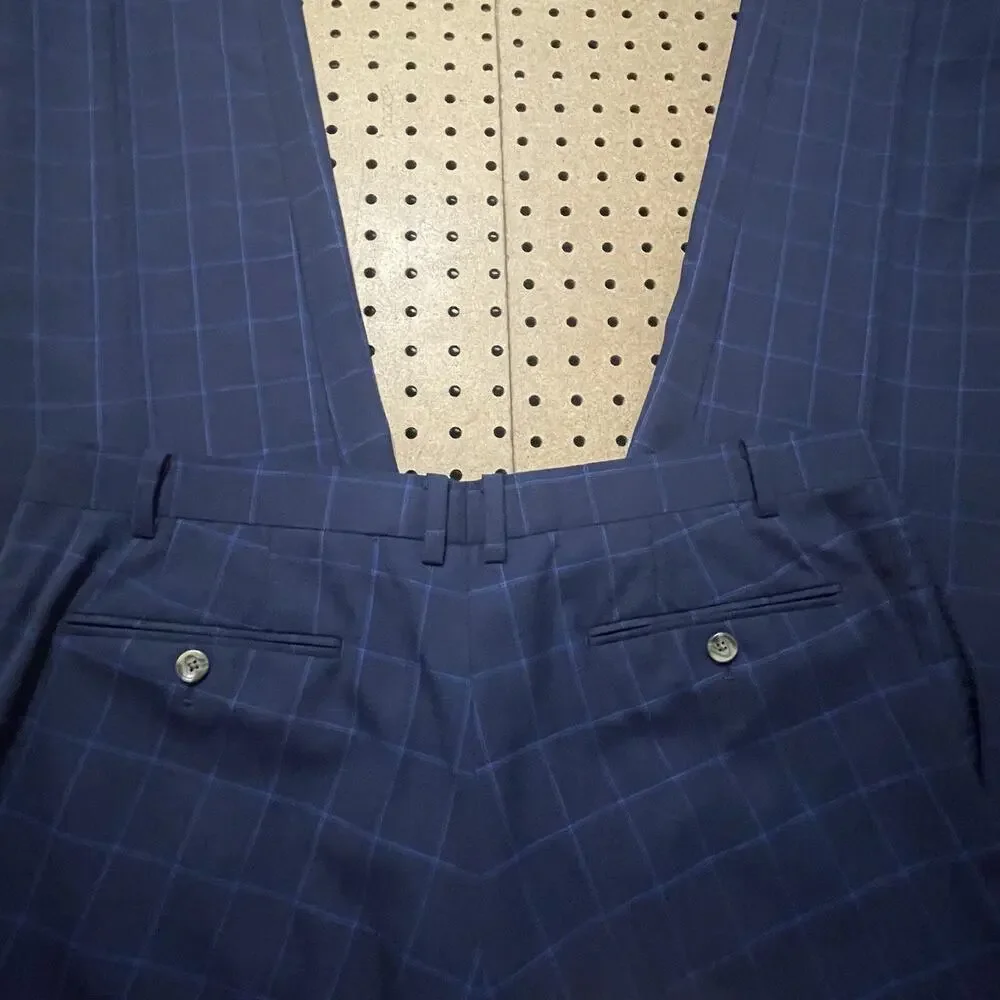 Indochino 2pc Suits Mens Size 44 R Navy Windowpane Camo Lined Jacket Pants 36x31